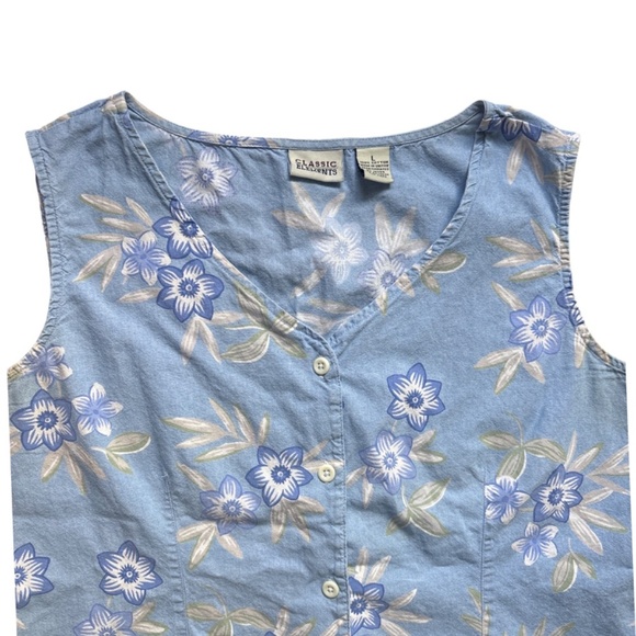 Vintage 90s Floral Cotton Button Down Tank - Blue Large - Picture 2 of 2